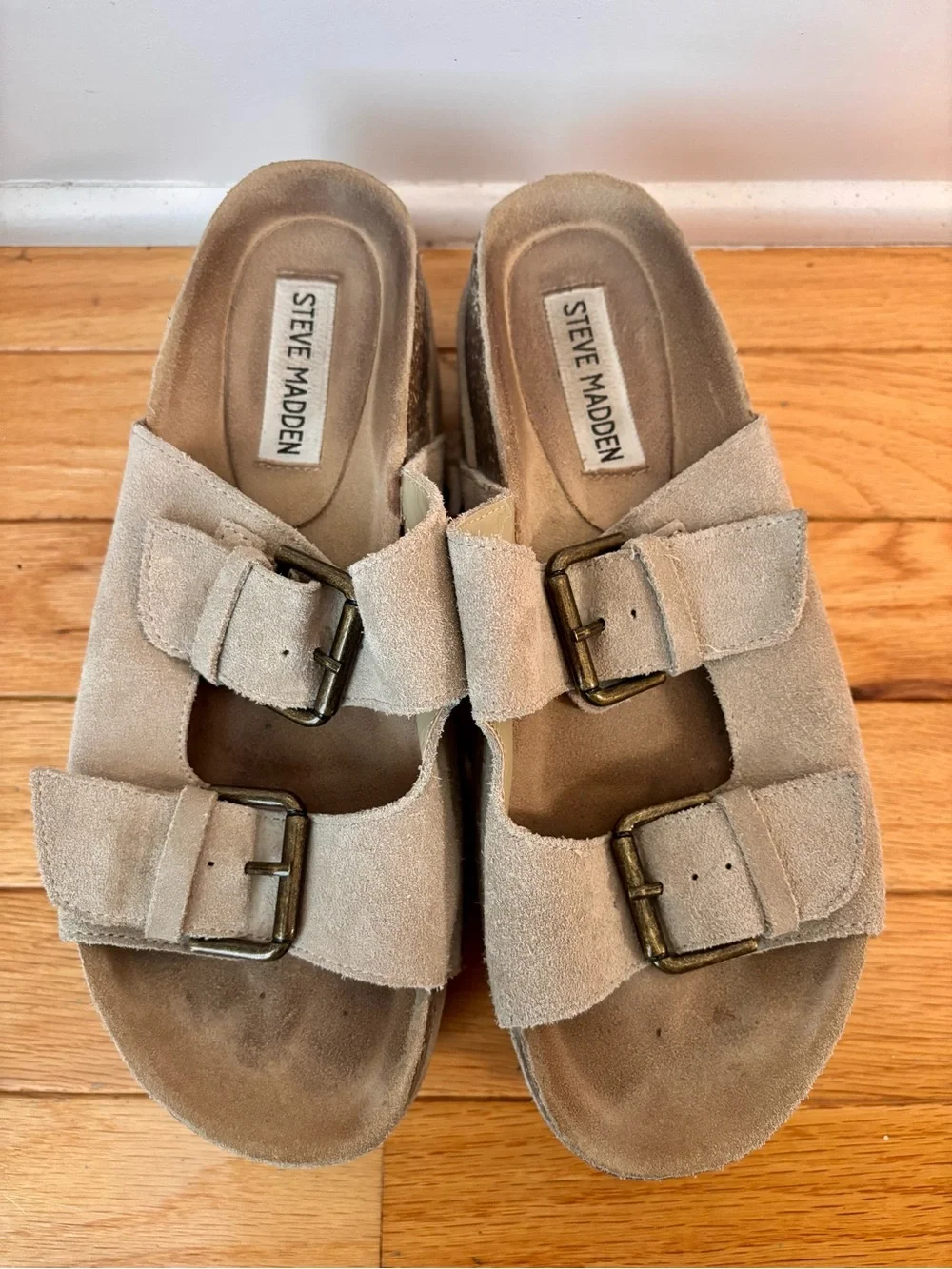 Steve Madden KALI Platform Sandals Taupe Suede Double Buckle Womens 7